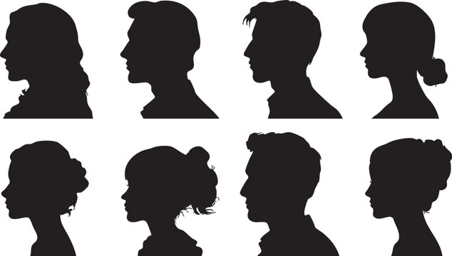 An arrangement of eight black silhouette portraits displays the side profiles of men and women with differing hairstyles and features on a white backdrop.