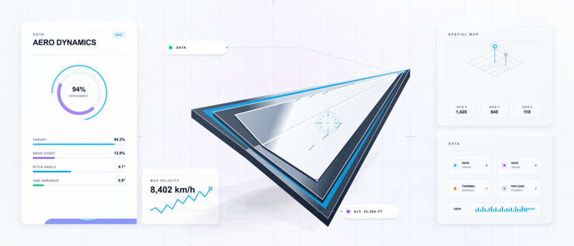 Futuristic silver paper plane with aerodynamic HUD panels, efficiency gauges, velocity chart, spatial map, and pale technical grid background