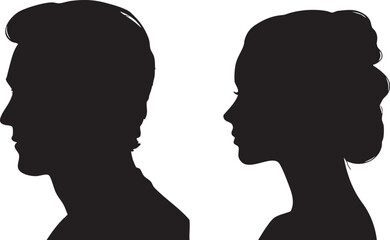 Fototapeta premium A man and a woman's profiles are shown in black silhouette facing each other, separated by a vertical line on a white background, symbolizing connection.