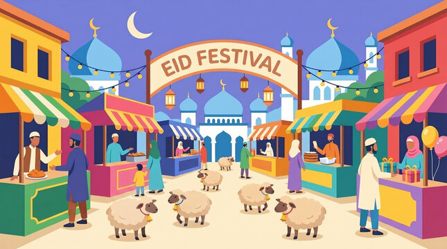 Flat Vector Eid Festival Marketplace Illustration with Mosque Domes Food Stalls Sheep and Festive Atmosphere