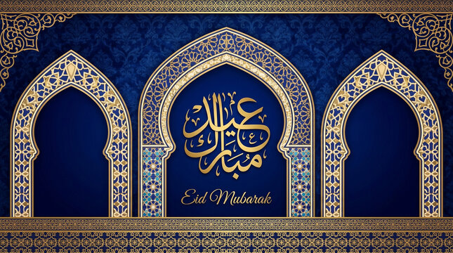 Luxury Eid Mubarak Social Media Cover with Ornate Islamic Arches Royal Blue Background and Gold Details
