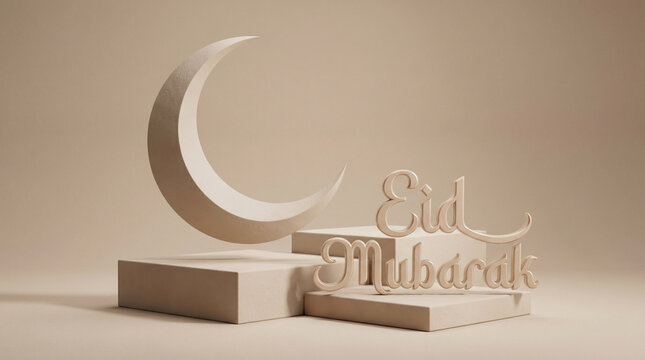 Minimal 3D Eid Mubarak Podium Display with Floating Crescent Moon Beige Monochrome Studio Background
