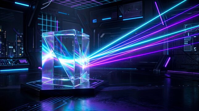Futuristic Laser Light Display with Transparent Cube in Dark Environment