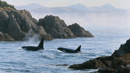 Naklejka premium Killer whales chasing fish through cold coastal waters along a rugged shoreline in the early daylight.