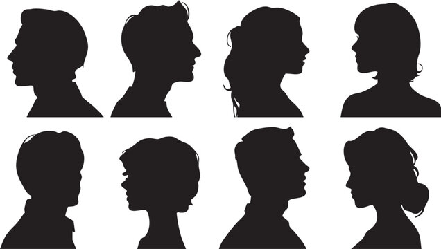 An arrangement of eight black silhouette profiles of men and women, highlighting different hairstyles and head shapes on a white background.