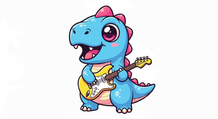Obraz premium Cute Blue Dinosaur Playing Electric Guitar Cartoon.