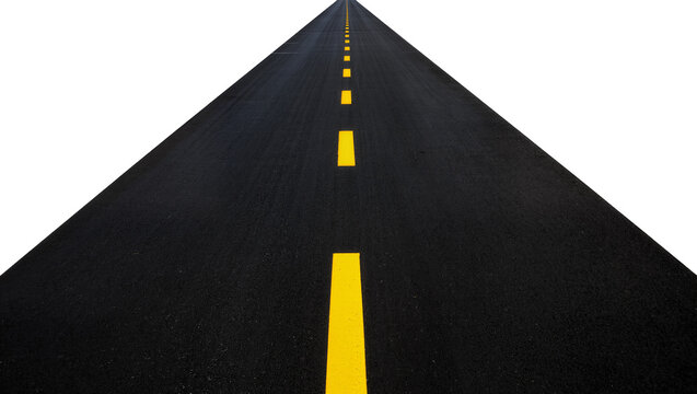 Asphalt road with yellow dashed lines, isolated on transparent background