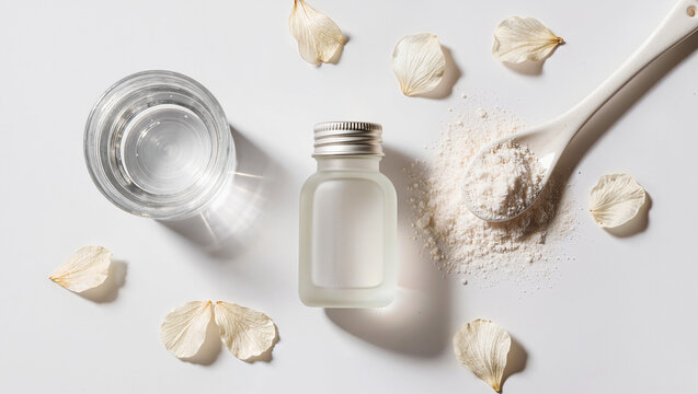 Natural Beauty Supplement Flatlay with Powder Spoon Frosted Bottle and Water Glass, Skincare Ingredient Overhead Shot