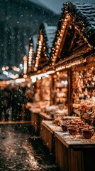 Obraz premium Traditioneller deutscher Weihnachtsmarkt bei Nacht mit Holzständen und festlichen Lichtern