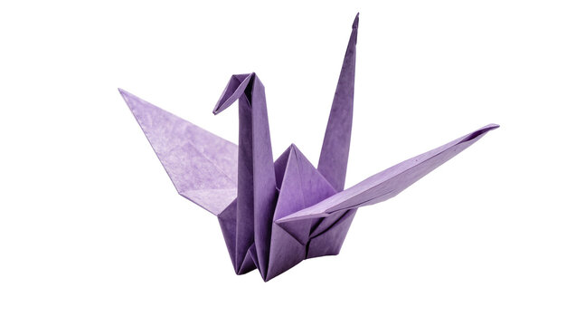 Purple origami crane bird delicate paper folding art, isolated on transparent background