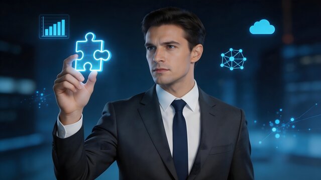 Businessman holding puzzle piece with digital icons