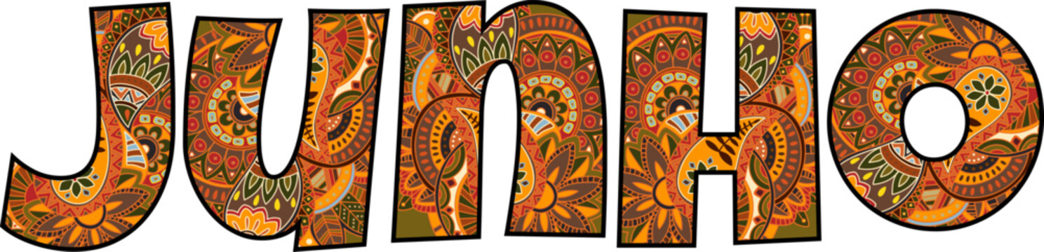 Junho (June) Portuguese Month Typography, Native Motif Pattern Text, Isolated Vector