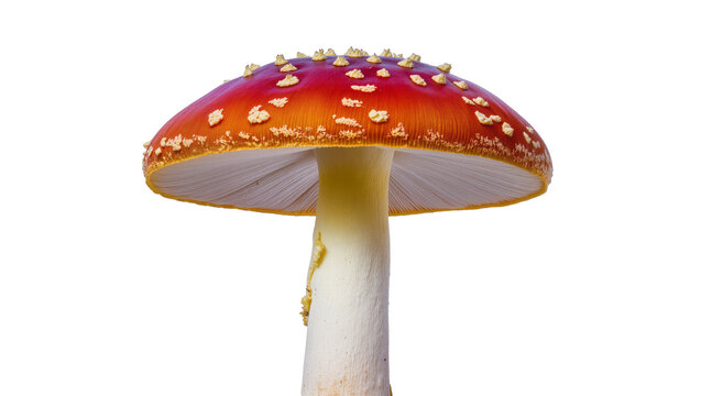 Red and orange Amanita muscaria mushroom with white warts, isolated on transparent background
