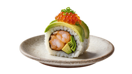 Shrimp sushi roll with avocado and roe, isolated on transparent background © Aliona