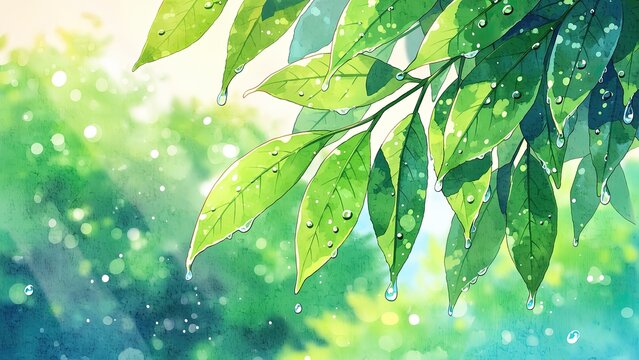 雨露が輝く若葉と木漏れ日の水彩風背景イラスト