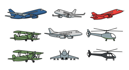 Airplanes and helicopters in various colors. © Mr