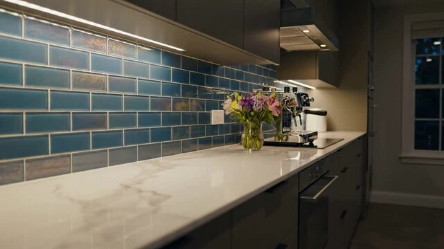 Luxury Modern Kitchen Countertop with Blue Subway Tile Backsplash and Coffee Machine Gleaming