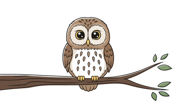 Brown Owl Sitting on Tree Branch.