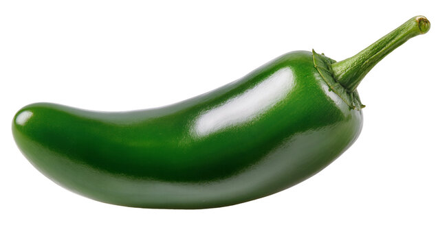 Shiny green jalapeno pepper with stem, isolated on transparent background