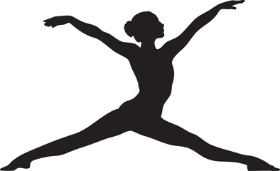 Fototapeta premium A silhouette of a woman performing a dynamic dance move, with legs spread wide and arms extended, representing freedom and expression.