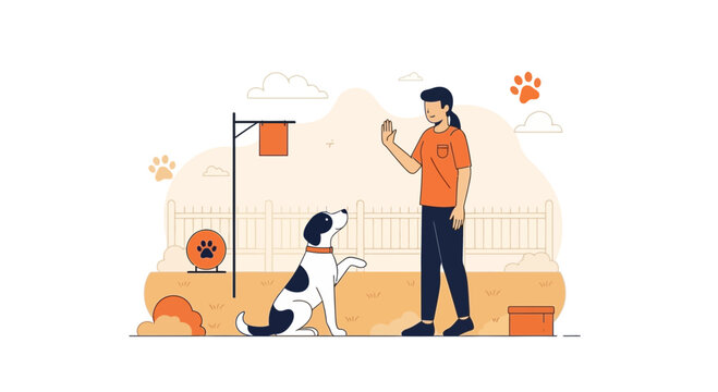 Dog training class: owner teaching puppy obedience commands outdoors