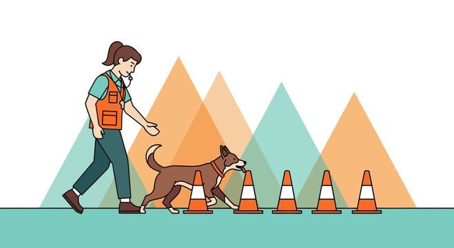 Dog training agility course with cones and handler, outdoor activity, teamwork
