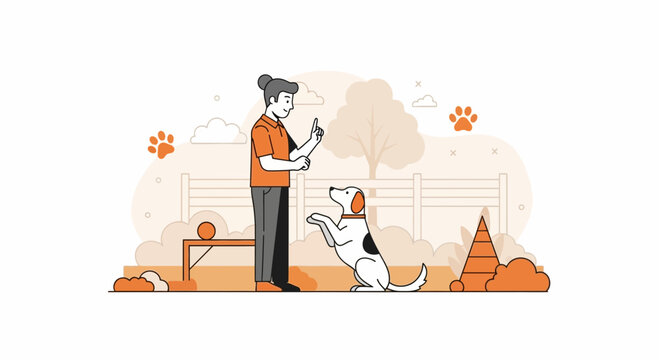 Dog training session in park with owner, positive reinforcement, obedience, outdoor activity