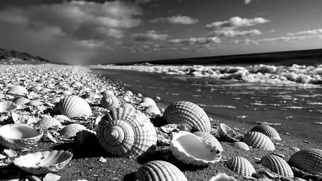 Black and white seaside landscape with scattered seashells on a sandy beach and rolling ocean waves