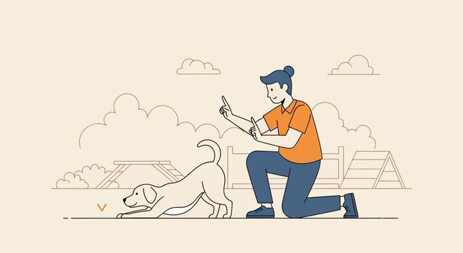 Dog training, owner teaching pet obedience commands in outdoor park, happy pet learning