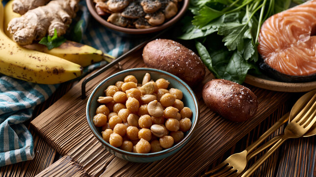 A flat lay of vitamin b6 rich foods including bananas, chickpeas, salmon and potatoes on a wooden surface, vitamin b6 sources, bananas, chickpeas, salmon, potatoes, flat lay, food