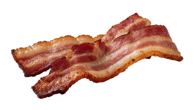 Crispy fried bacon strips with red meat and white fat layers, isolated on transparent background