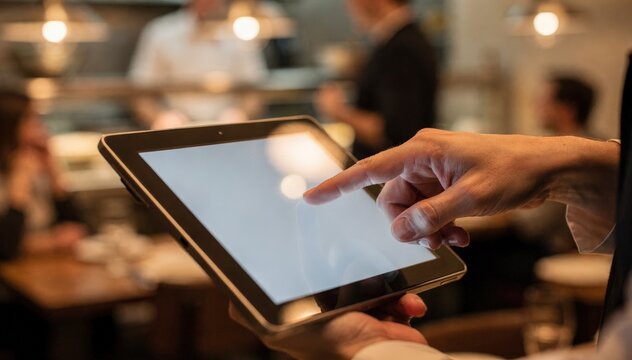 A server taps items on a handheld POS device focusing on the order entry with blurred kitchen staff and diners in the softly defocused background.