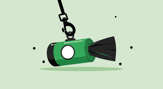 Green dog poop bag dispenser with leash clip, cartoon style, isolated on light green background