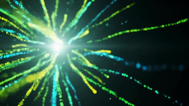 An exquisite, hyper-realistic 3D abstract animation. Shimmering green, yellow, and blue particle data streams cascade from a pulsating light in a pitch-black digital void. Concept of limitless