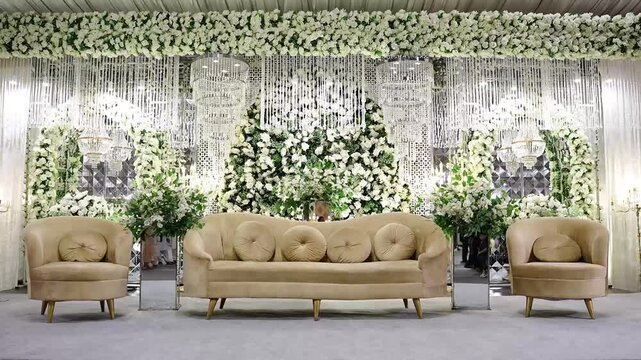Luxury Wedding Stage Decoration with White Floral Backdrop and Crystal Chandeliers | Elegant Reception Hall Video
