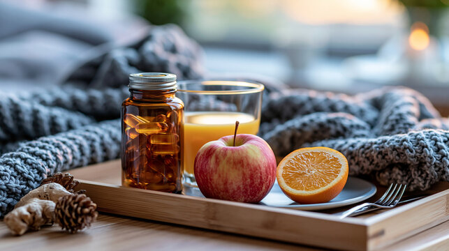 A bottle of multivitamins next to a glass of orange juice and a sliced apple on a breakfast tray, multivitamins, orange juice, sliced apple, breakfast tray, morning routine,