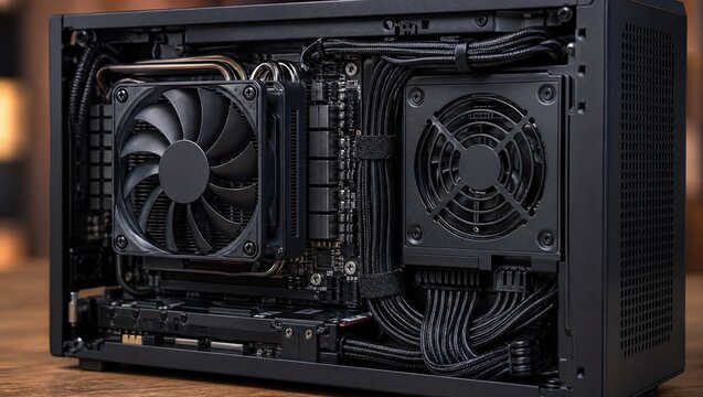 Close medium shot of compact mini PC assembly focusing on precise cable management and cooling installation around a densely packed motherboard and power supply.