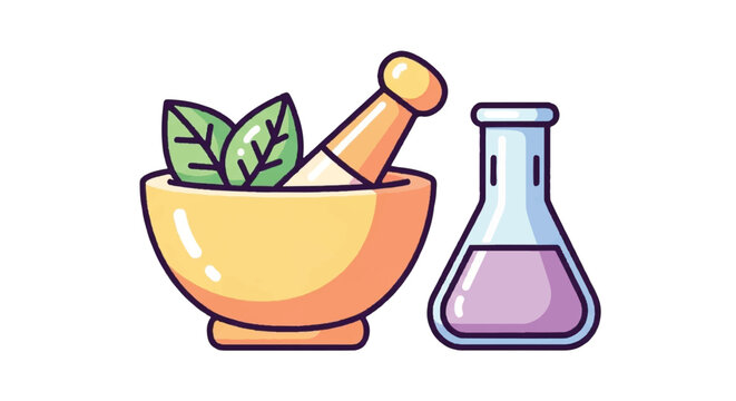 Herbal Medicine Preparation with Mortar Pestle and Flask.