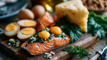 Fototapeta premium An overhead flat lay of foods rich in vitamin D including salmon fillets, egg yolks and a wedge of cheese on a wooden board, vitamin d sources, healthy food, salmon, eggs, cheese,