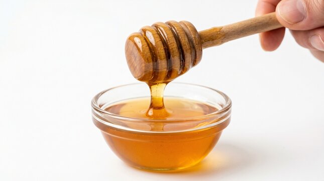 Golden Honey Dripping from Wooden Dipper into Glass Bowl