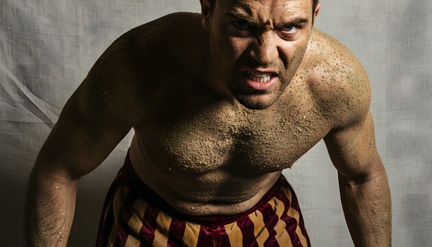 Calcio storico player covered in dirt and sand looking aggressive during the ancient Florentine football match for traditional sports concept, gritty and intense portrait