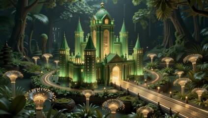 Fototapeta premium Enchanted Green Crystal Castle in Magical Forest