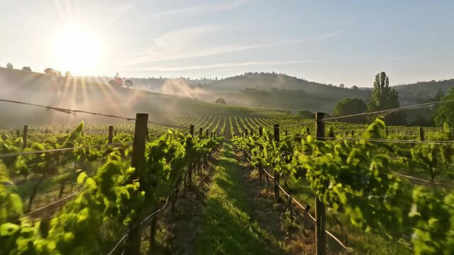 A breathtaking wide establishing video of a pristine natural landscape at dawn. Golden sunrise illuminates lush grapevines stretching to rolling hills, with ethereal mist dissipating under warm, soft