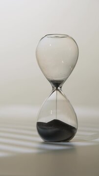 Hourglass with black sand pouring from one flask to another on white desk, end of countdown, time is up, vertical video
