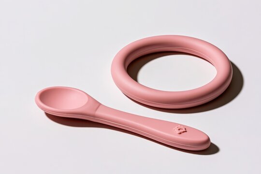 Soft pink silicone baby spoon and teether ring set, ideal for infant feeding and teething relief.