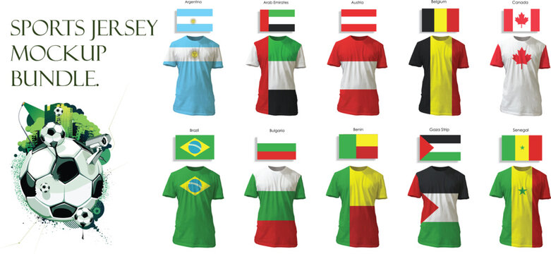 Sports jersey mockup bundle featuring national flags and team apparel templates for athletic branding design projects isolated on transparent background with soccer ball illustration.