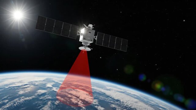 Satellite in orbit transmitting sunlight to Earth as low-intensity infrared with solar panel