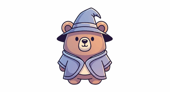Cute cartoon wizard bear wearing a hat and robe.