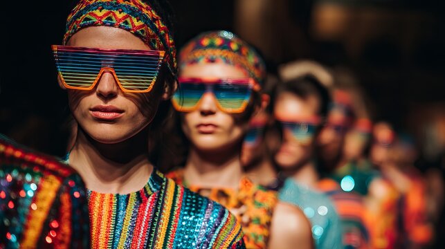 Models wearing colorful shutter glasses and vibrant patterned clothing walk down a professional fashion runway show
