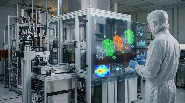 Medium shot of a pilot line in a hightech manufacturing plant featuring a virtual replica interface monitoring equipment status and wafer flow with interactive data visualization.